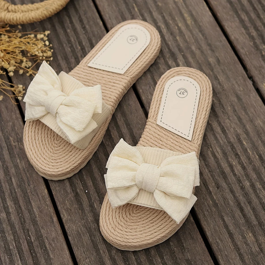 Ladies' solid color elegant sandals, bow decoration lightweight summer beach flat shoes, non slip vacation slippers