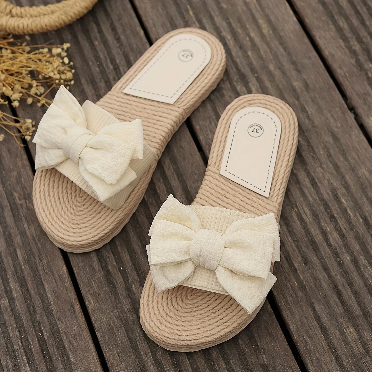 Ladies' solid color elegant sandals, bow decoration lightweight summer beach flat shoes, non slip vacation slippers