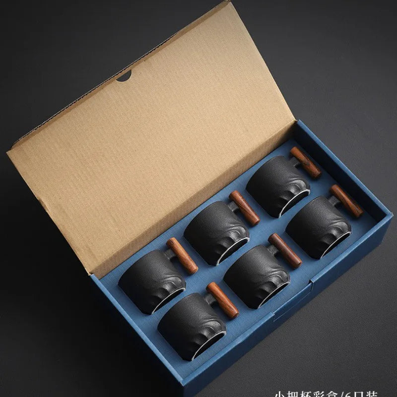6pcs Set Ceramic Retro Espresso Coffee Cup With Wooden Handle Office Water Cup Tea Mug Ceramic Coffee Mug Handmade Tea Gift Box
