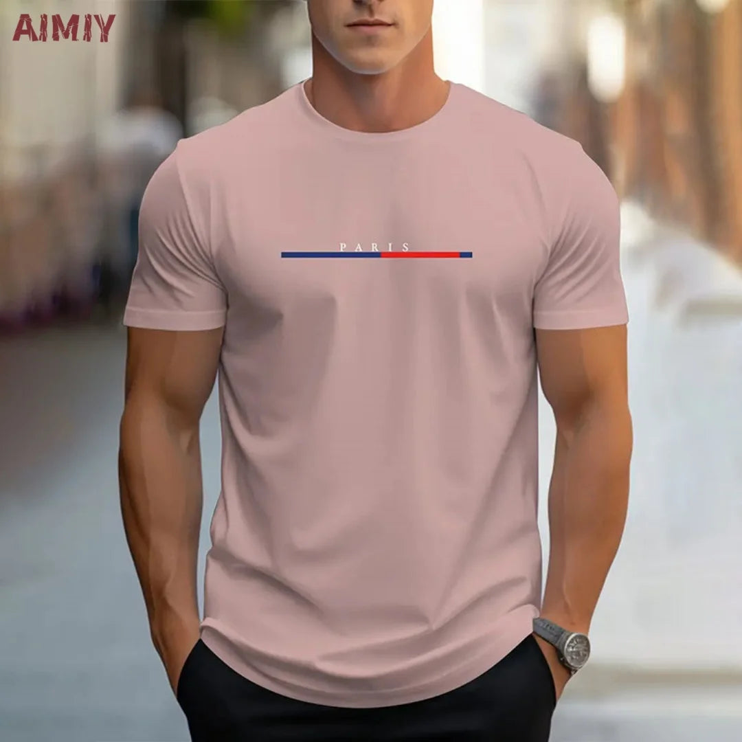 Summer Men's T-shirt Top Casual Loose Fit Oversized T-shirt PARI Letter Pattern Printed Round Neck Short Sleeved Homme Vêtement - Free Item.