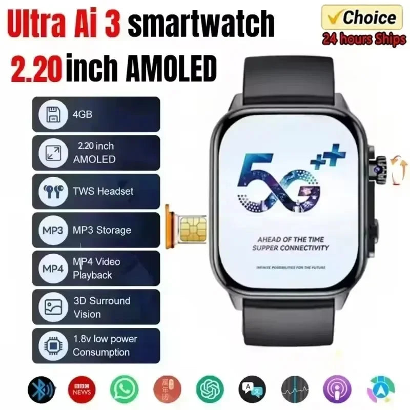 Ai3 Smartwatch: 2.2" HD Display (448*528) | 180° Rotatable Camera| 4G Calling & 256GB Memory | Comprehensive Health Tracker
