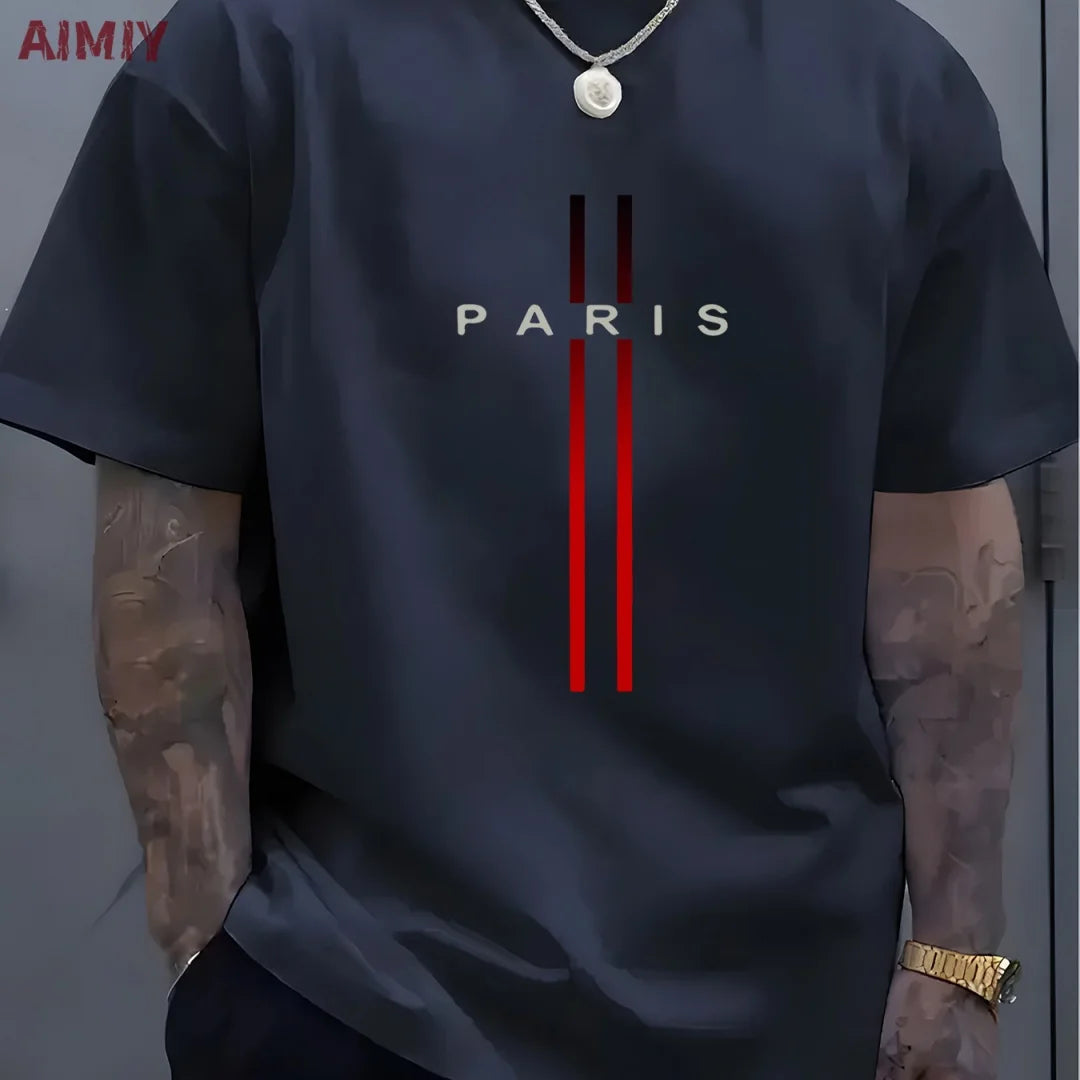 Summer Men's T-shirt Top Casual Loose Fit Oversized T-shirt PARI Letter Pattern Printed Round Neck Short Sleeved Homme Vêtement - Free Item.
