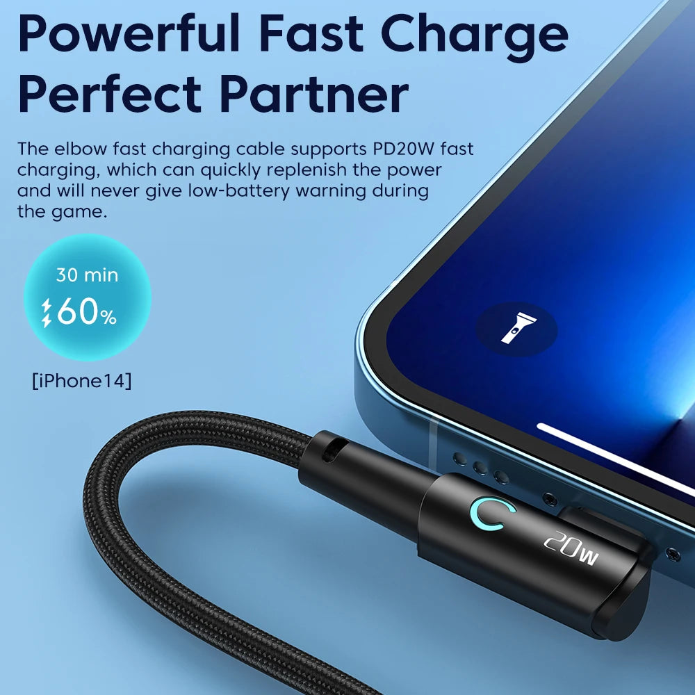 Toocki PD 20W USB Cable 90 Degree Elbow Data Cable Fast Charging For iPhone 14 13 12 11 Pro Max LED Indicator Phone Charge Cord