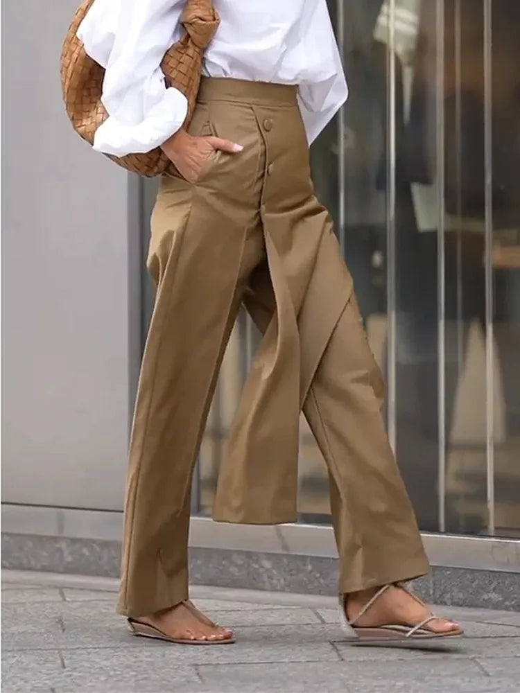 Women's Khaki High Waist Pants Trendy Office Lady Wide-leg Trousers with Pockets Workwear Casual Bottoms Woman Clothes 114559