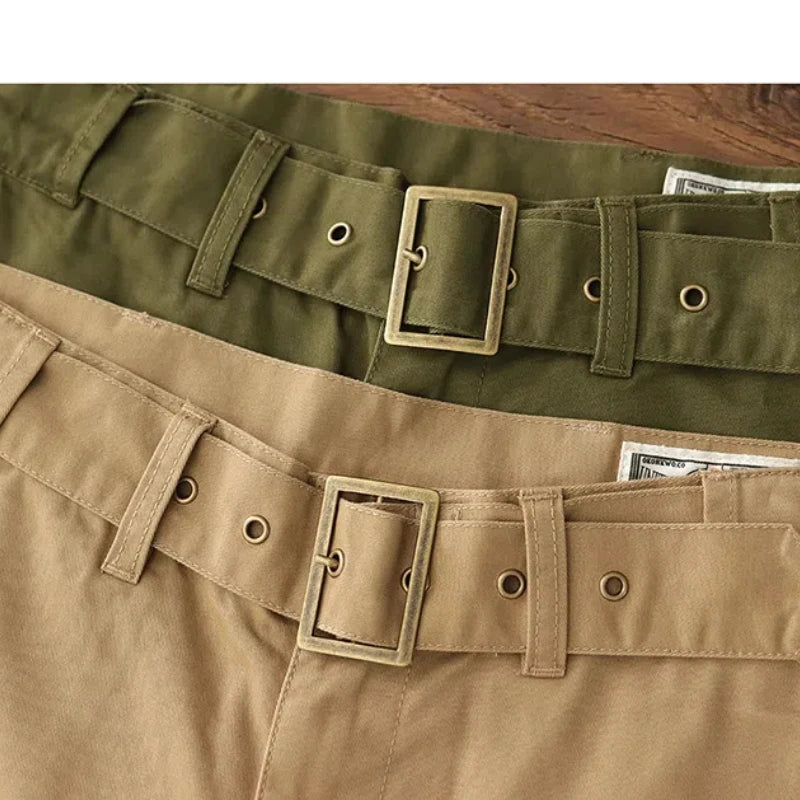 May Khaki brigade Gurkha cargo shorts American retro casual high waist loose straight quarter pants men summer