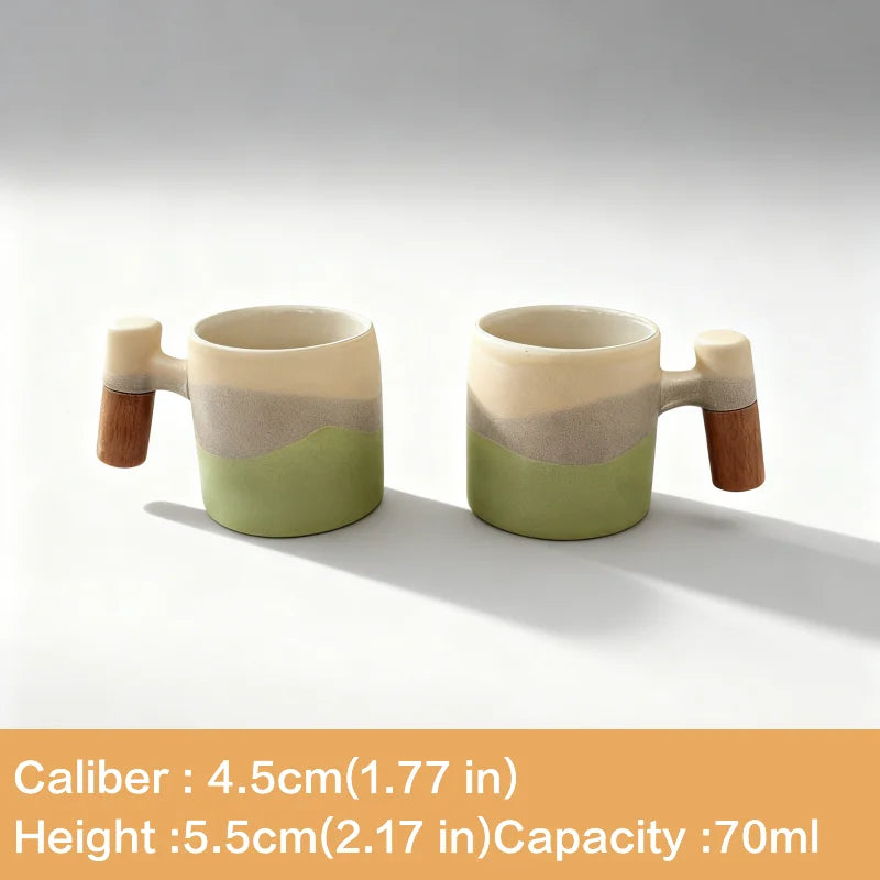 70ml Ceramic Coffee Cup with Wooden Handle - Vintage Kiln-Fired Style, Reusable, Hand Wash Only, Suitable for Office and Home Use, Perfect Birthday Gift, Coffee Bar Accessory, Espresso Cup, Coffee Mug