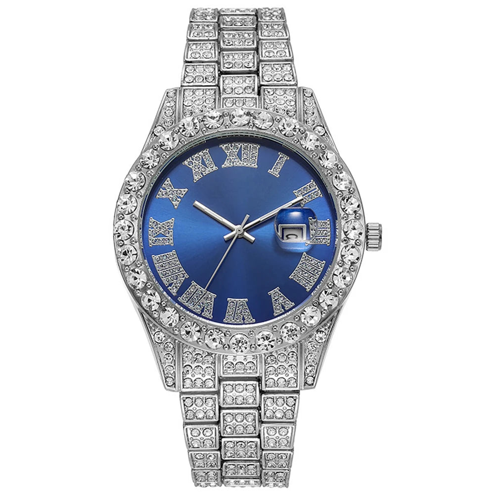 Hip Hop Luxury Men Calendar Watch Stainless Steel Gold Color Iced Out Paved Rhinestones Wristwatch Reloj Hombre