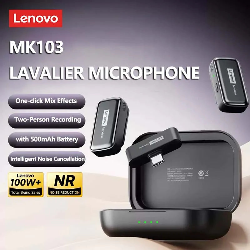 Lenovo Wireless Lavalier Lapel Microphone for iPhone Android Live Broadcast YouTube Shooting Audio Video Recording Vlog MK103