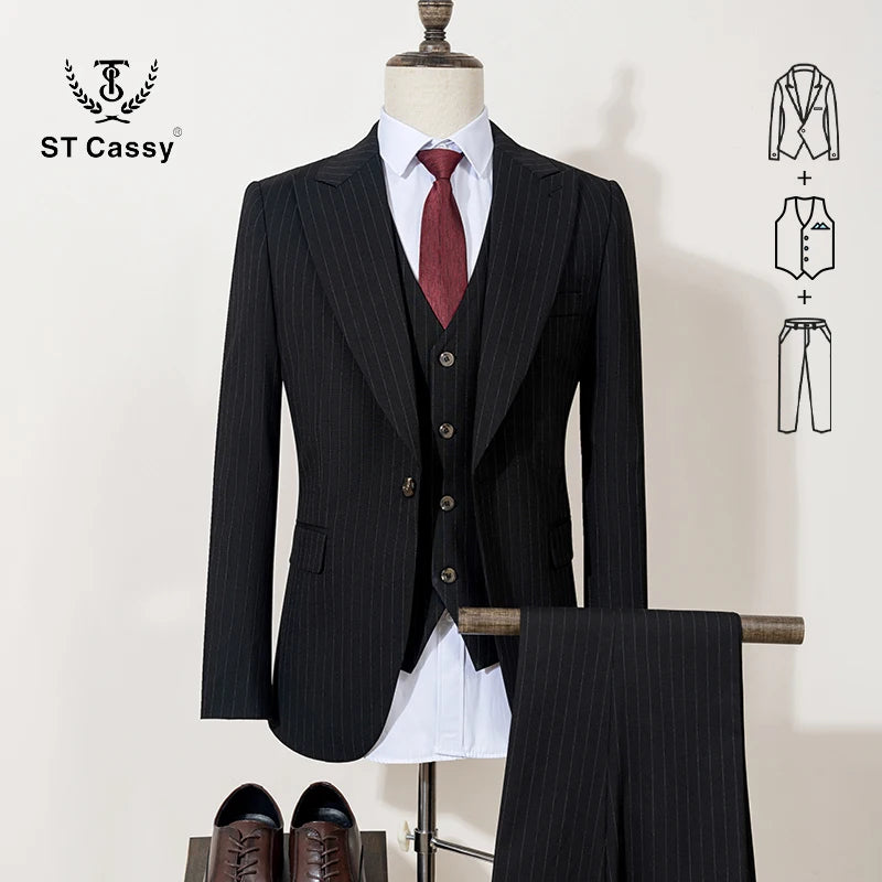 3-piece set(Jacket + vest+pants)  black striped suit slim fit luxurious and elegant men's business suit wedding