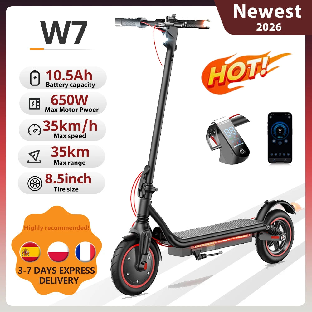 iScooter Electric Scooter W7 8.5Inch 36V 10.5Ah 650W Motor 25-35km Range 4-Speed Modes 35km/h double shock absorbers E Scooters