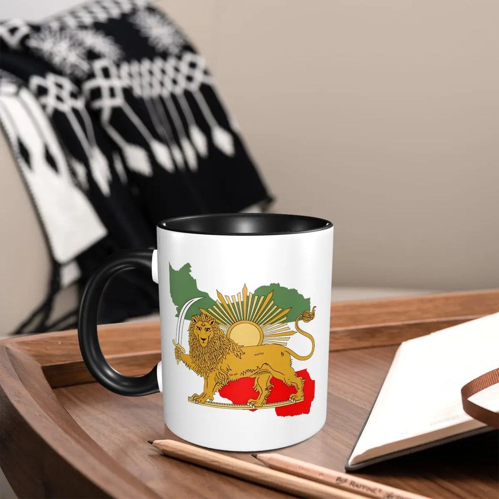 Iran Persia Map & Flag -Shir O Khorshid Lion And Sun Mug Kawaii Porcelain Mug Gift Graphic Creative Cups