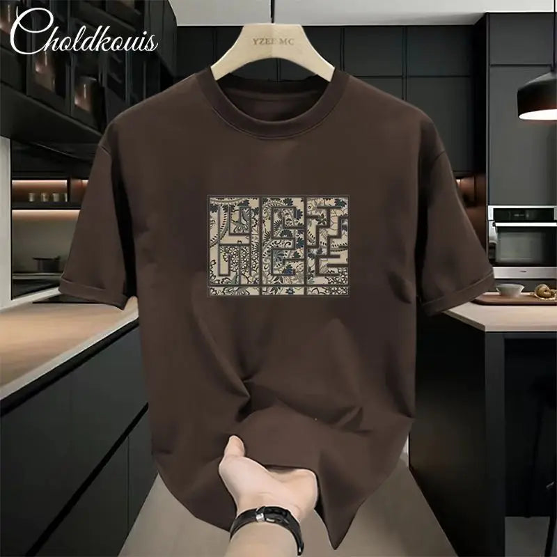 New Summer Luxury Man Casual Cotton 100% Tops for Men O-Neck Loose Printed White T-Shirts 200g Short Sleeved T-shirt for Men