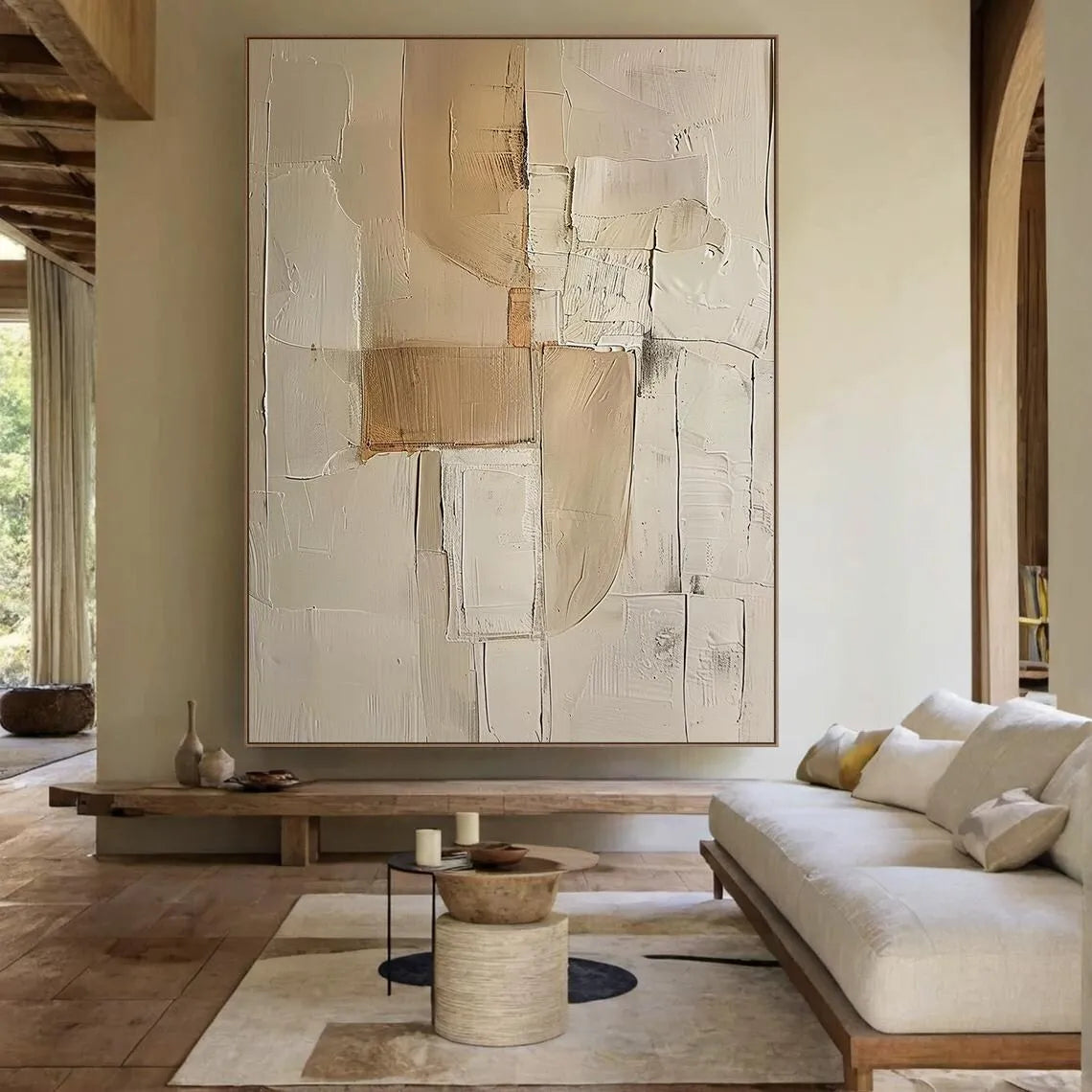 3D Beige Large Canvas Abstract Handmade Oil Painting Brown Simple Wall Art Textured Geometric Art Wall Decor Living Room Deco
