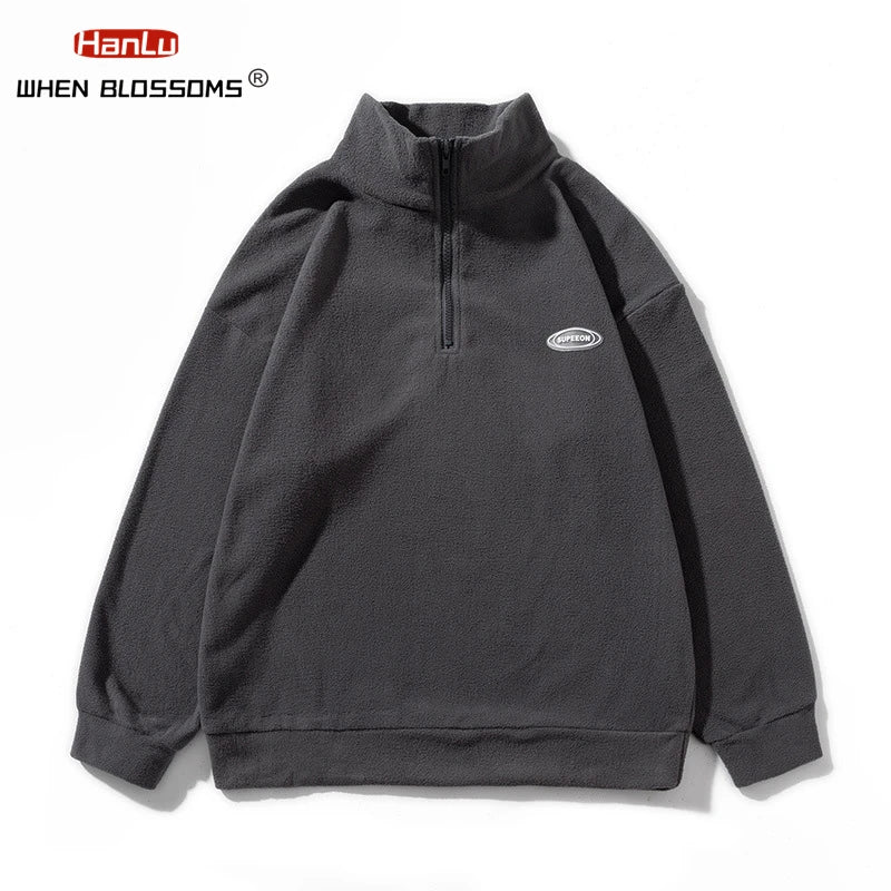 Autumn Winter Fleece Warm Stand Collar Embroidered Half Zip Men's Sweater New WoMen Fashion Streetwear Sweatshirts Casual Coats