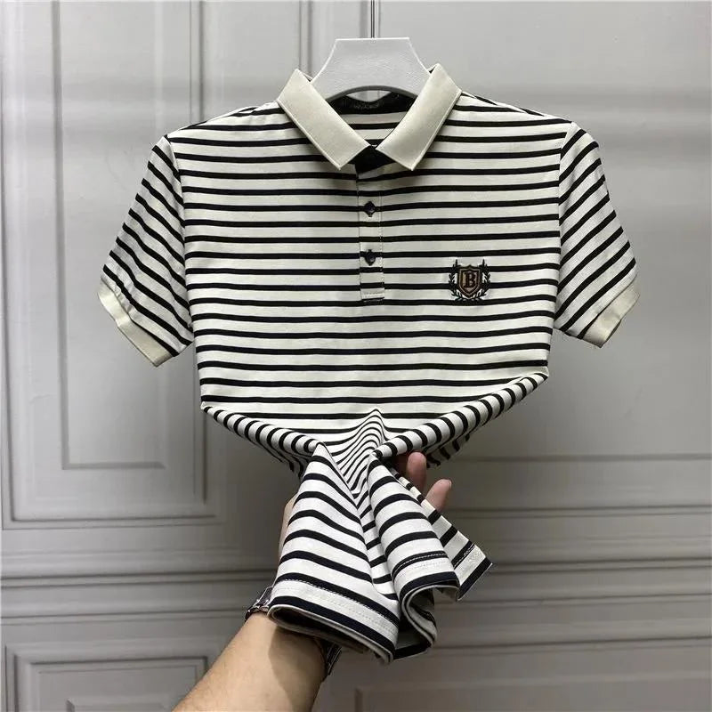 Clothes Black With Collar Male Tee Shirts Striped Polo Men's T-shirt New In Streetwear Ordinary Top Quick-drying Trend Popular