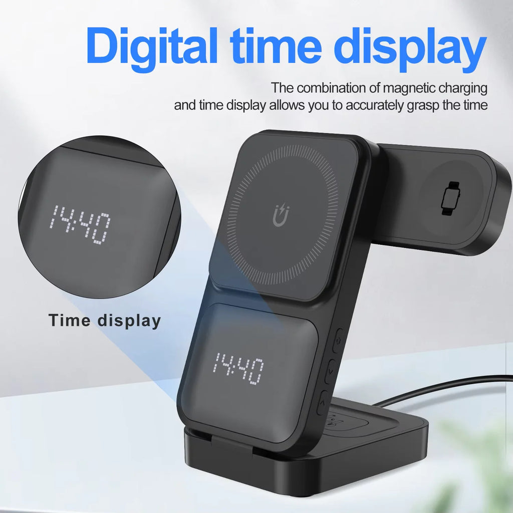 New Folding 3-in-1 Wireless Charger 15W Magnetic Wireless Charger Comes With Clock and Power Display functions For Phones