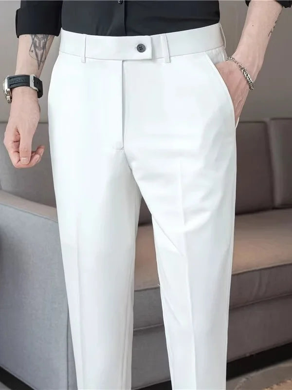 Summer Thin Men's White Casual Khakis 2025 New Nine-Piece Pants Side Button Busin Trendy Straight Leg Trousers for Young Men