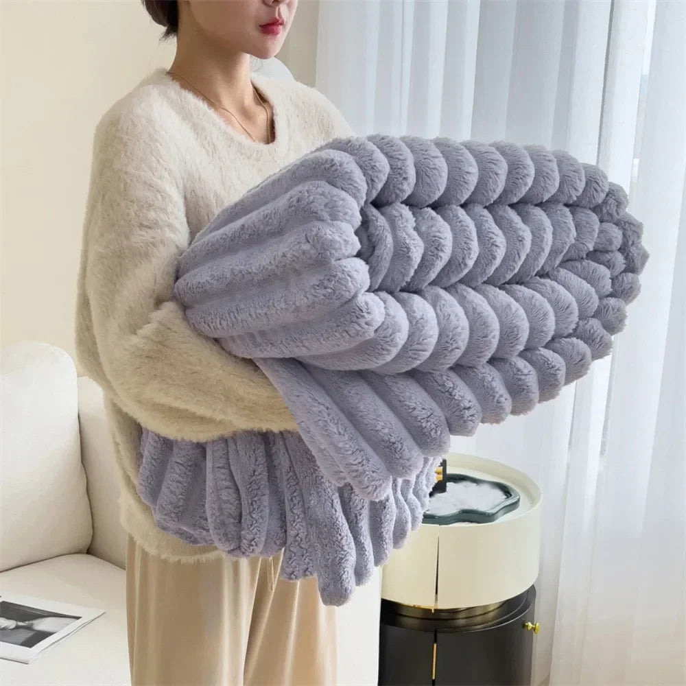 Ultra Soft Faux Rabbit Fur Throw Blanket Warm Plush Striped Blankets Conditioning Quilt Fluffy Throws for Couch Chair Sofa - Free Items Weekend (50% off)