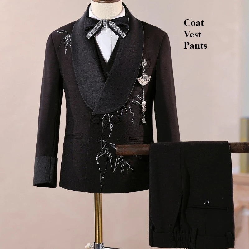 Boys Black Suit Three Piece Set Performance Gown Host Formal Wear Choir Stage Costume Birthday Party Evening Celebration Clothes