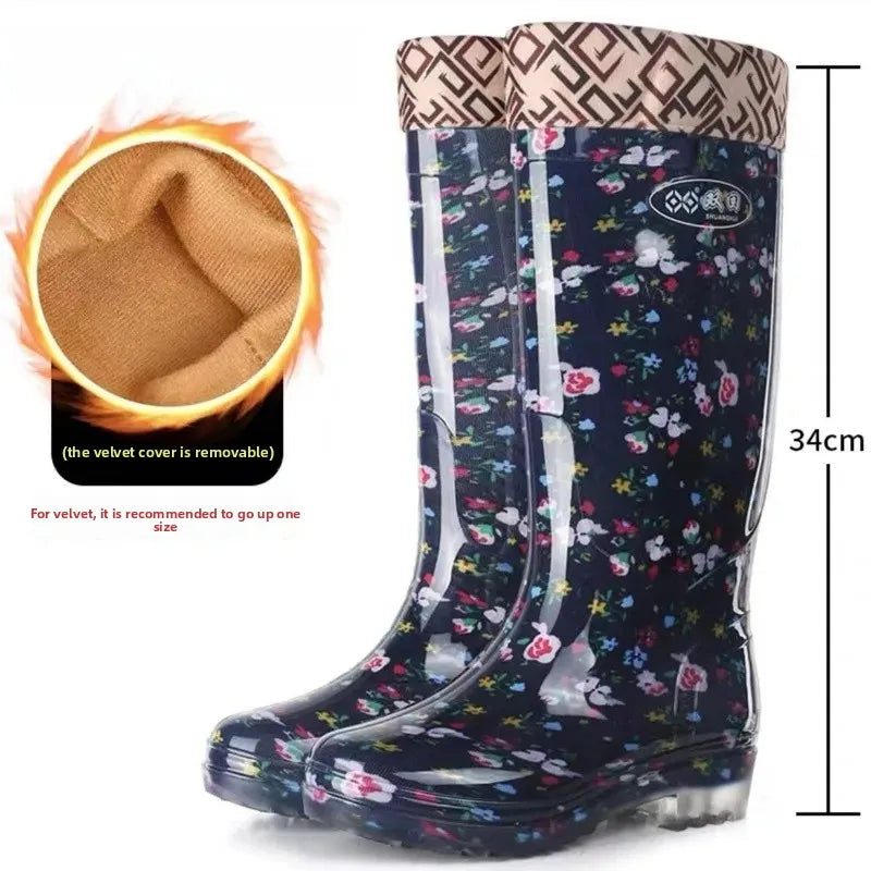 Anti-Slip High-Tube Crystal Flower Ladies Rain Boots PVC Material Kitchen Dining Hall Cleaning Fashionable Water Shoes
