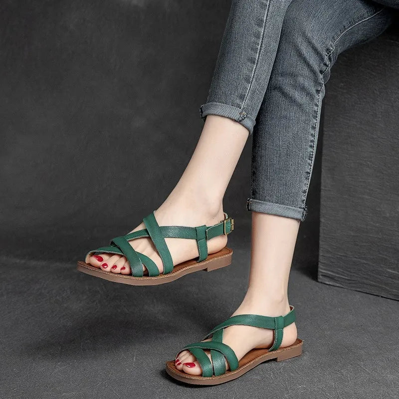 Johnature Simple Genuine Leather Flat Sandals 2026 Summer New Casual Solid Color Soft Sole Comfortable Versatile Women Shoes