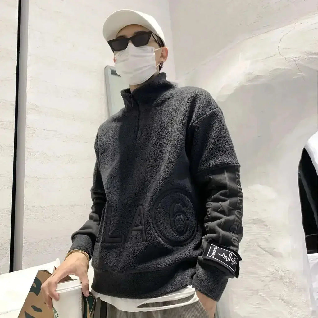 Male Clothes Fleeced Pullover Sweatshirt For Men Half Zip Embroidered Hoodieless Top 2025 New In Low Price Offers Sweat Shirt