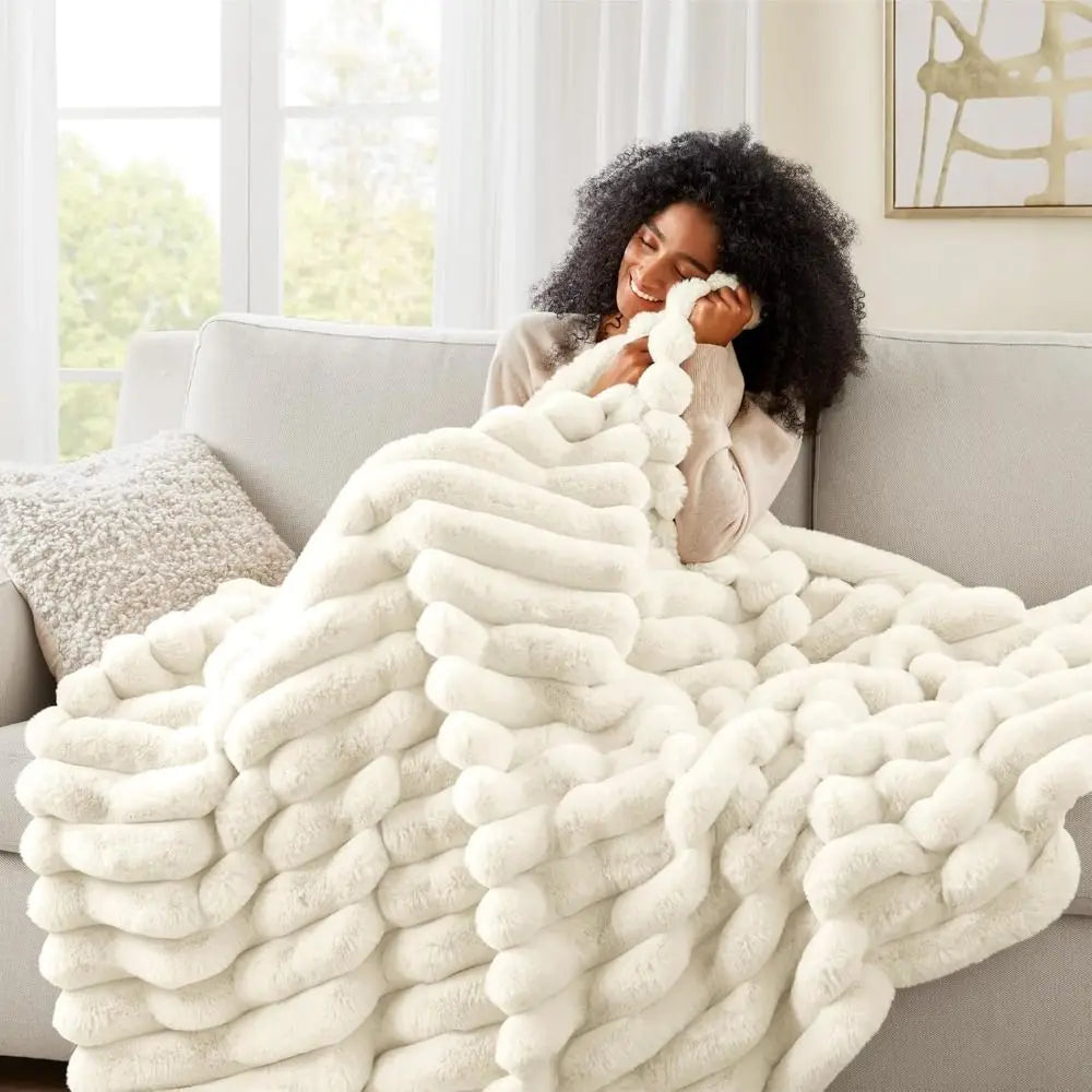 Ultra Soft Faux Rabbit Fur Throw Blanket Warm Plush Striped Blankets Conditioning Quilt Fluffy Throws for Couch Chair Sofa - Free Items Weekend (50% off)