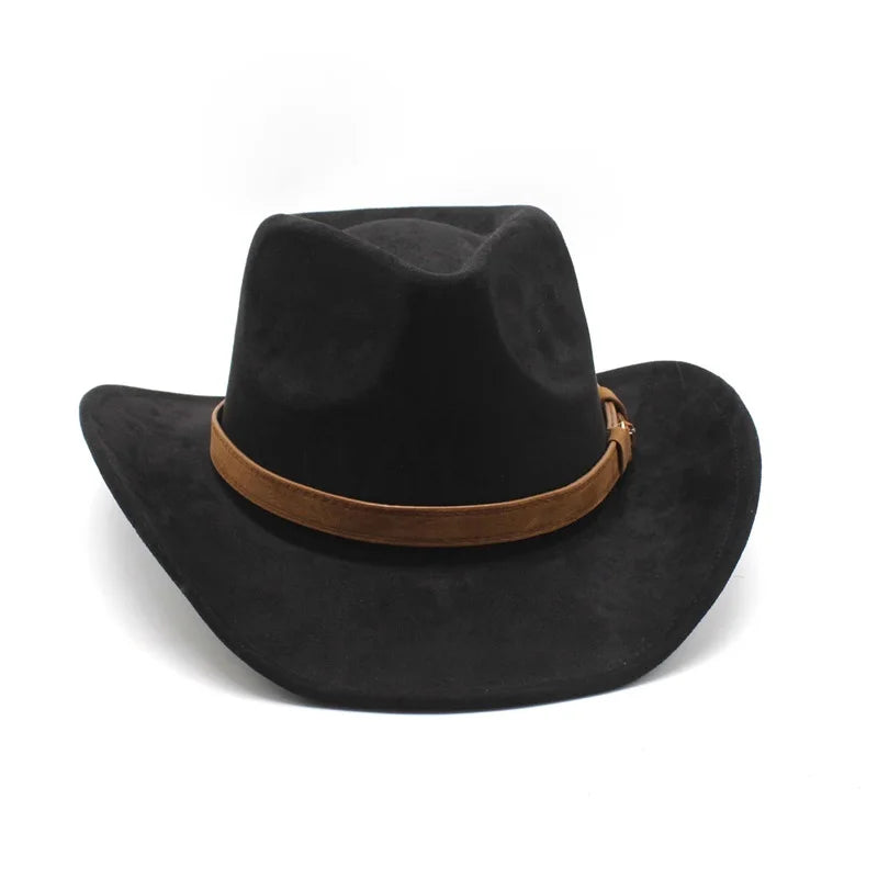 Women Men Felt Cowgirl Cowboy Hat Unisex Vintage Retro Soft Wide Brim Chamois Western Hat with Belt for Party