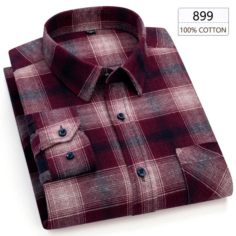 New Spring Long Sleeve Plaid Shirts For Men 100% Cotton Flannel Plus Size Easy care Confortable Top Casual Smart Dress Shirts