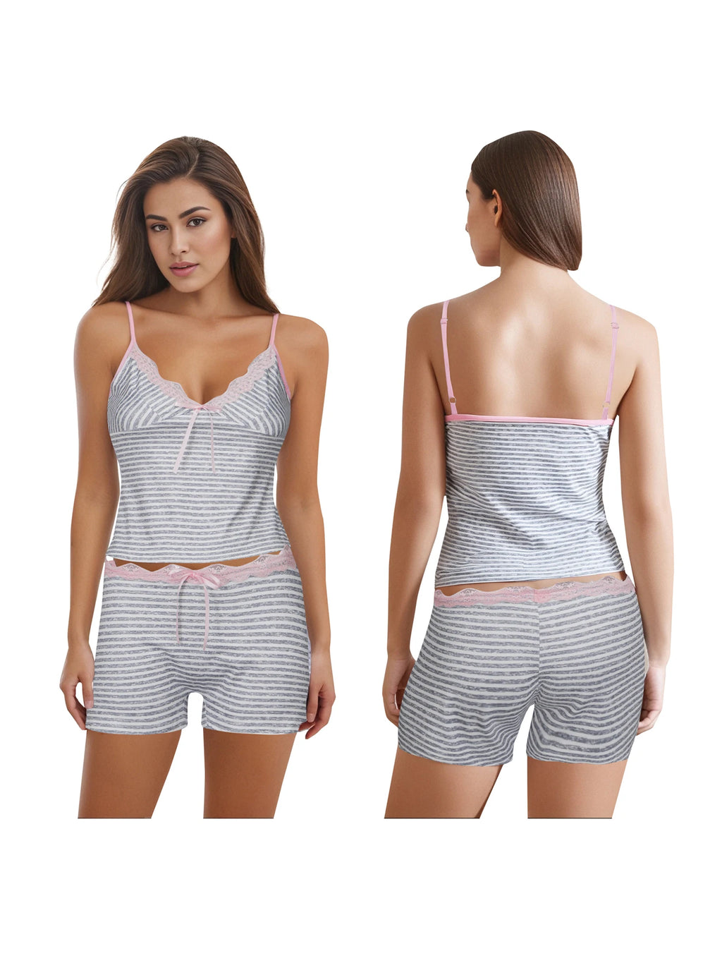 Elegant Striped Pajama Set with Lace Trim V Neck Spaghetti Strap Top Low Rise Mini Shorts - 2 Piece Sleepwear Ensemble for