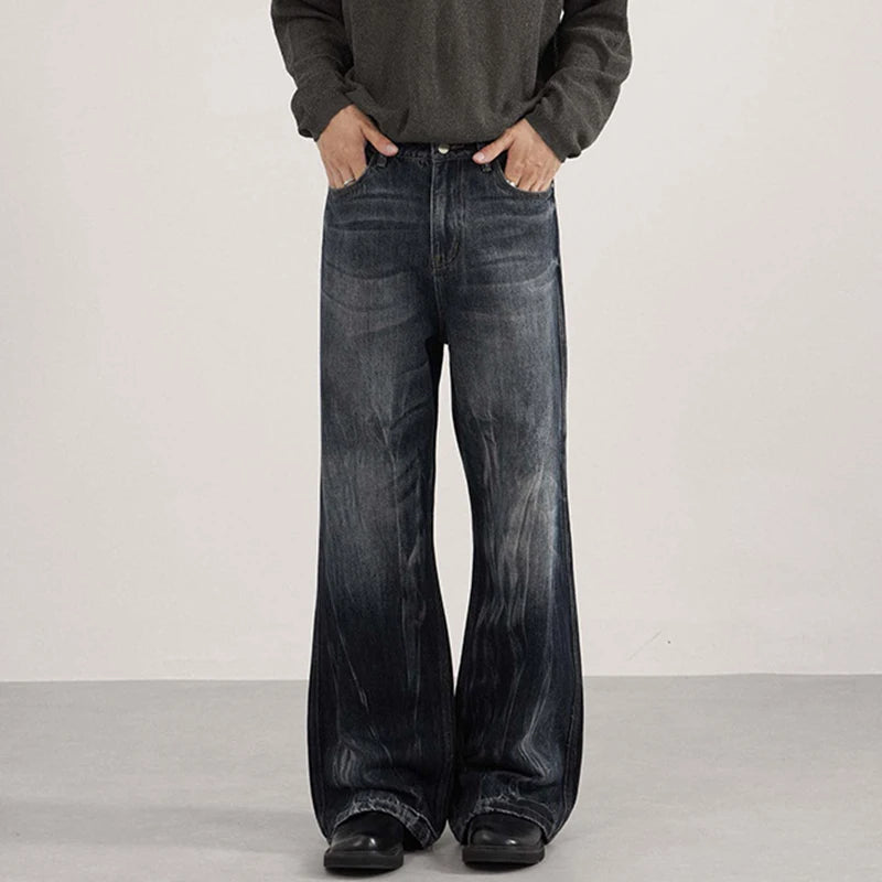IEFB Men's American Style Denim Pants Washing Tie Dying Contrast Color Casual Wide Leg Flared Trousers Autumn Male Jeans 9W4182