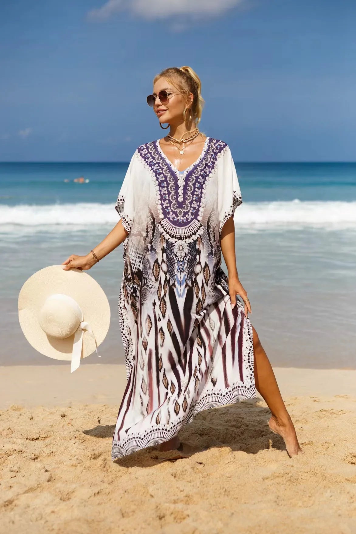 Kaftan Dresses Tropical Printed Cover Ups for Swimwear Women Elegant Maxi Robe Holiday Bathing Suits Dropshipping Hot Sales