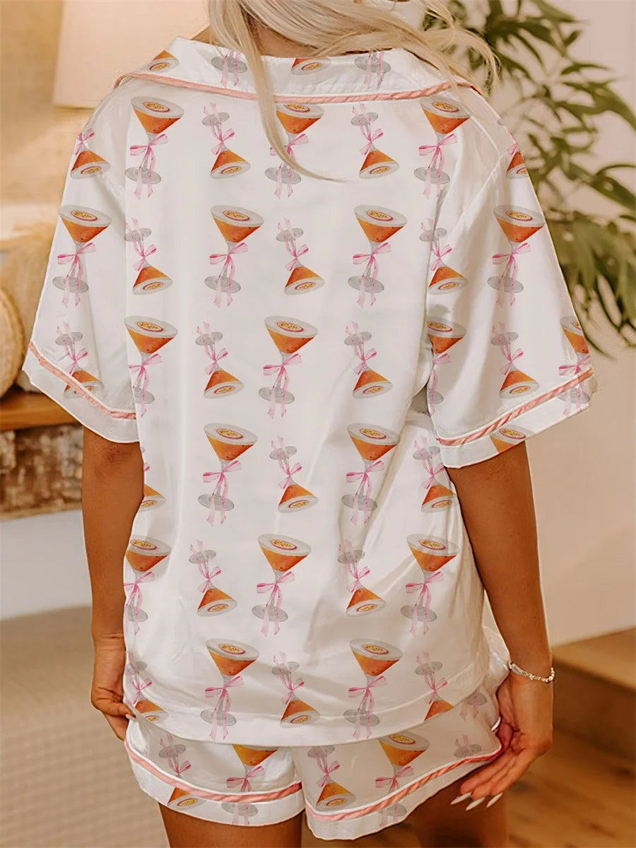 Women s Cute Pajama Set with Bow Print Lapel V Neck Short Sleeve Top and Shorts Comfortable Lounge Wear 2 Piece Set for Summer