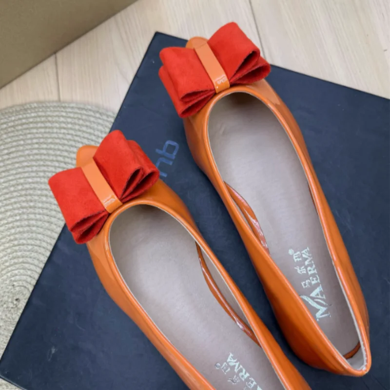 Women Shiny Leather Pointy Tip Slip-On Orange Green Flat Shoes Leathers Low Top Chaussures Bow 34 48 Skinny Shoes For Slim Feet