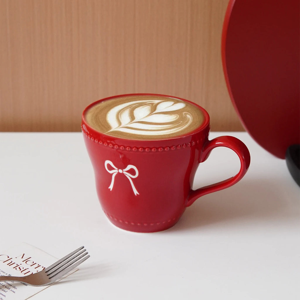 1Pc Ceramic Mug with Bowknot Design, Pearl Dot Lace Design, Exquisite and Simple Bowknot Mug Coffee Cup, Suitable for Home Decoration, Daily Breakfast Drinking Cup, Afternoon Tea Coffee Cup, Restaurant Cafe Latte Art Cup, Gif