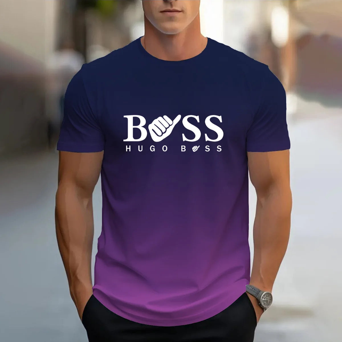 men's summer clothing casual gradient color short sleeved digital letter printed casual versatile round neck T-shirt top for men
