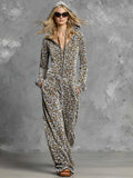 Spring New Velvet Leopard Print Jumpsuit Fashion High Waist Pocket Zipper Hoodies Rompers Casual Loose Wide Leg Playsuits