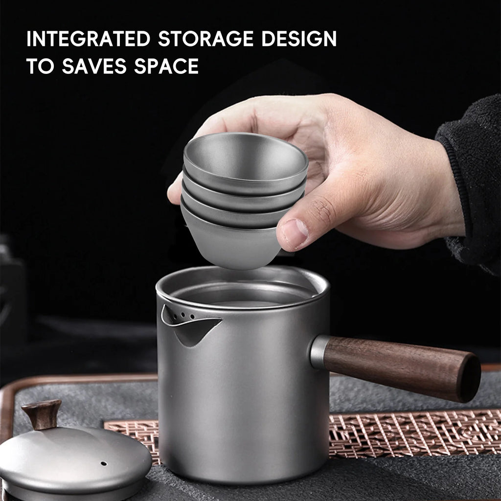Ti Tea Kettle with Wood Handle Portable Tea Maker with Strainer for Camping Hiking