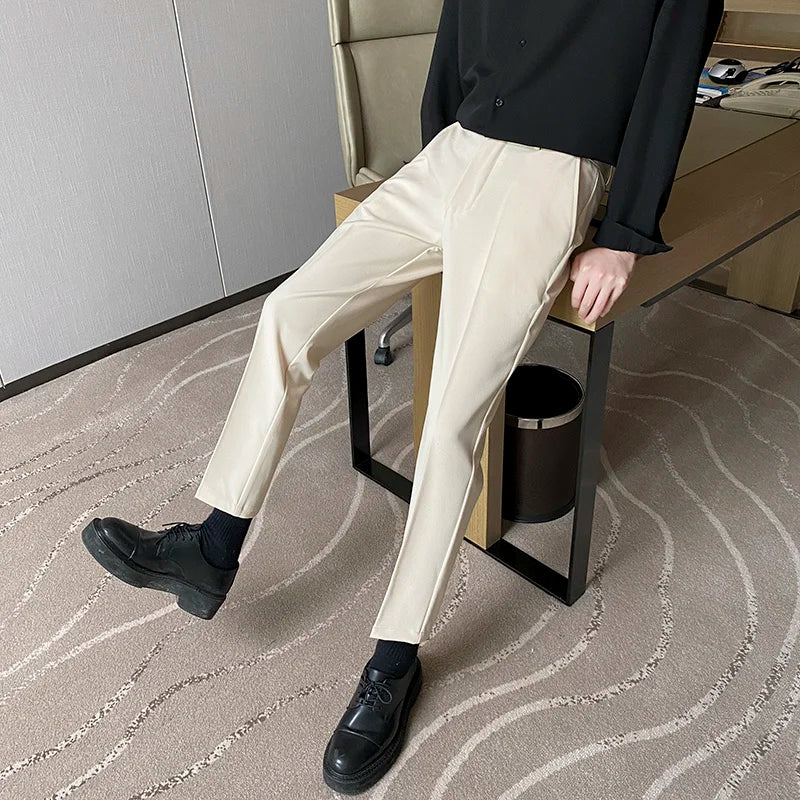 Summer Thin Men's White Casual Khakis 2025 New Nine-Piece Pants Side Button Busin Trendy Straight Leg Trousers for Young Men
