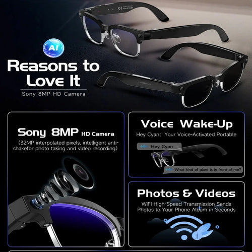 2026 AI Smart Glasses for Men And Women with 4K HD Camera 1080P Video 8MP 100+ Language Translation WiFi Bluetooth Call Sunglass
