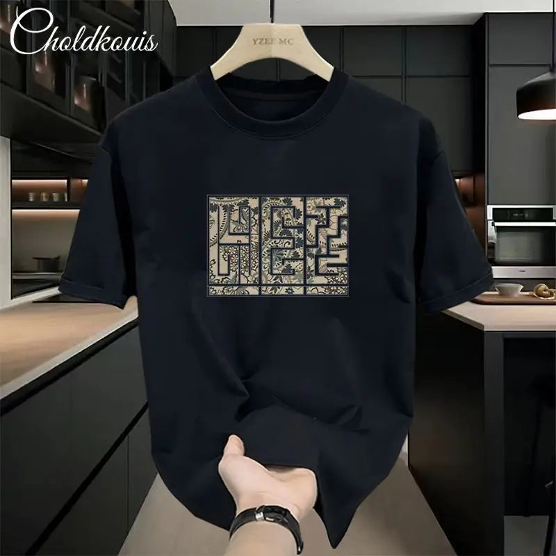 New Summer Luxury Man Casual Cotton 100% Tops for Men O-Neck Loose Printed White T-Shirts 200g Short Sleeved T-shirt for Men