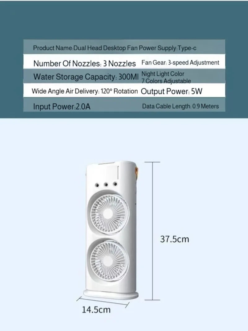 New 3 in 1 Dual-head Fan Household Mini Air Cooler LED Night Light Portable Humidifier Air Adjustment Fan for Office, Home
