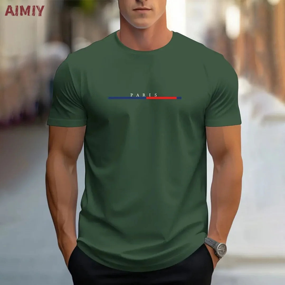 Summer Men's T-shirt Top Casual Loose Fit Oversized T-shirt PARI Letter Pattern Printed Round Neck Short Sleeved Homme Vêtement - Free Item.