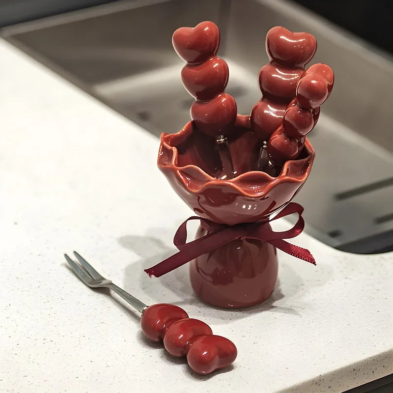 Kitchen Fruit Fork Cute Dessert Home Tableware High Appearance Creative Ceramic Container Stainless Steel Small Fork Set Gift