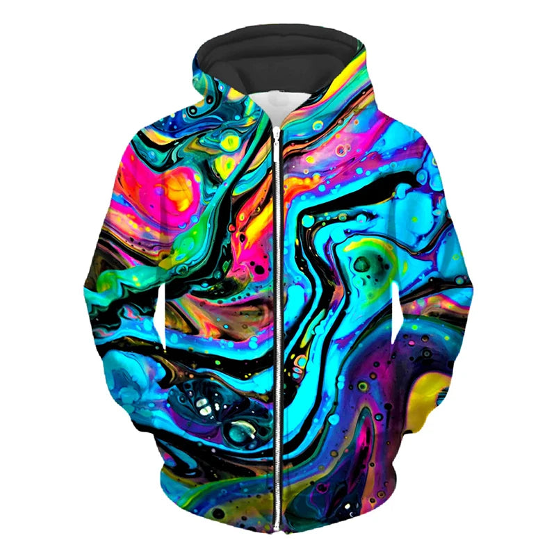 Cool Colorful Pattern Zip Hoodie Personality Street Harajuku Fashion Hooded Coat 3d Print Striped Dot 2024 Spring New Hoodies
