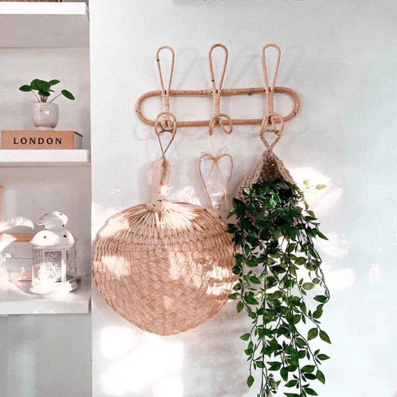 Rattan Hanger Rattan Wall Hooks Kids Garments Organizer Rack Clothes Hat Hanging Hook Kids Room Clothing Storage Decor Hangers