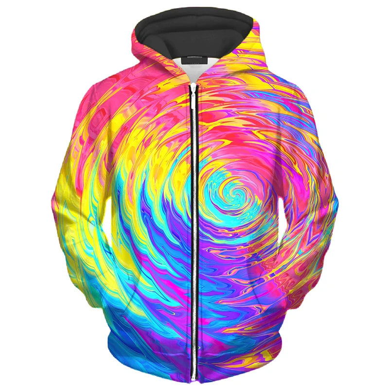 Cool Colorful Pattern Zip Hoodie Personality Street Harajuku Fashion Hooded Coat 3d Print Striped Dot 2024 Spring New Hoodies