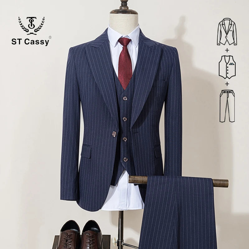 3-piece set(Jacket + vest+pants)  black striped suit slim fit luxurious and elegant men's business suit wedding