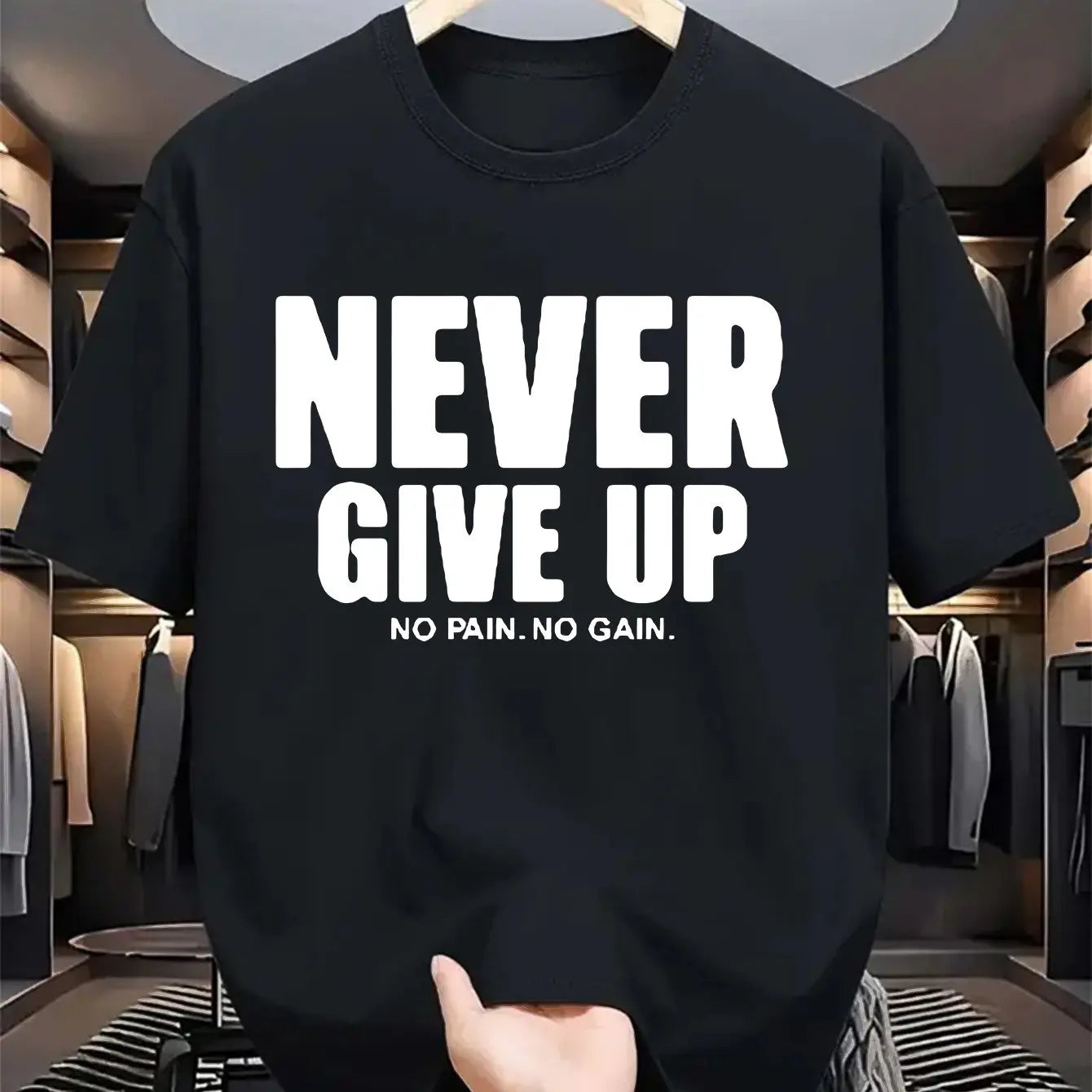 Men's 100% pure cotton fashionable casual loose sports never give up letter pattern printed round neck short sleeved T-shirt top