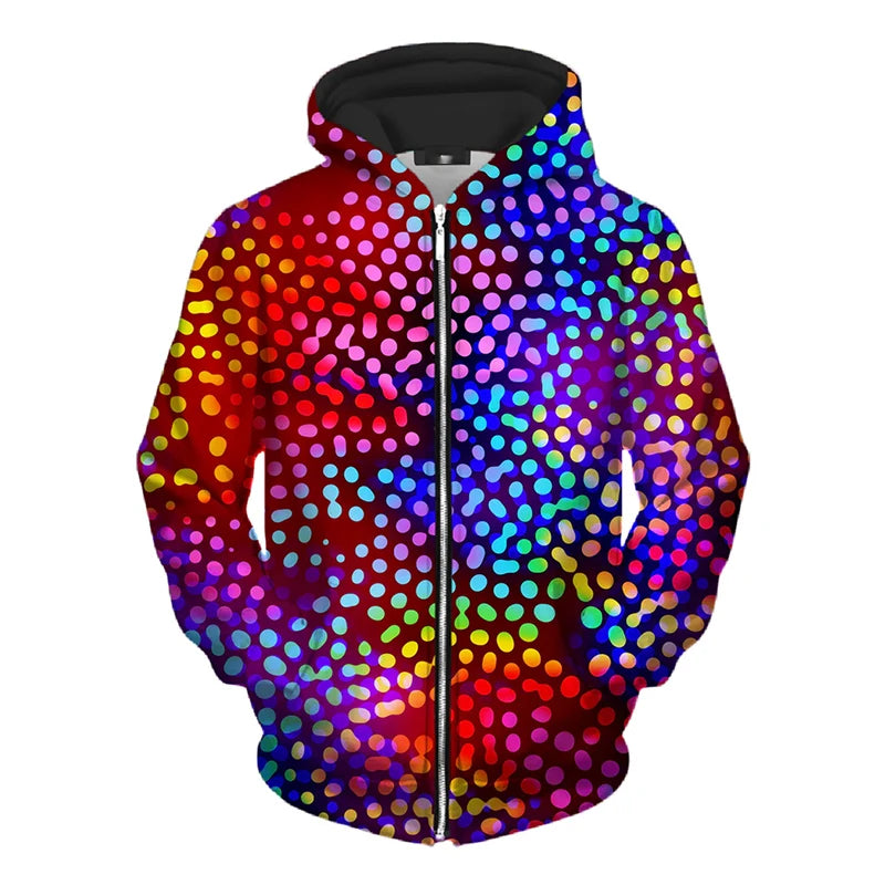 Cool Colorful Pattern Zip Hoodie Personality Street Harajuku Fashion Hooded Coat 3d Print Striped Dot 2024 Spring New Hoodies